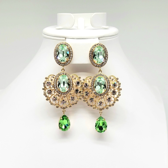 Dolce and Gabbana Prasiolite Swarovski Crystal Baroque Fan Statement Earrings - Picture 8 of 12
